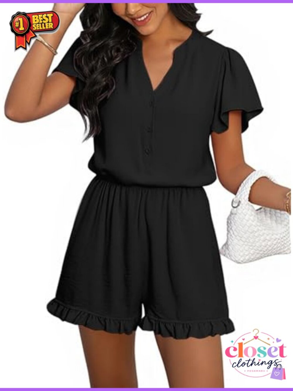 ECOWISH Women's V-Neck Button Front Ruffle Sleeve Short Romper with Pockets